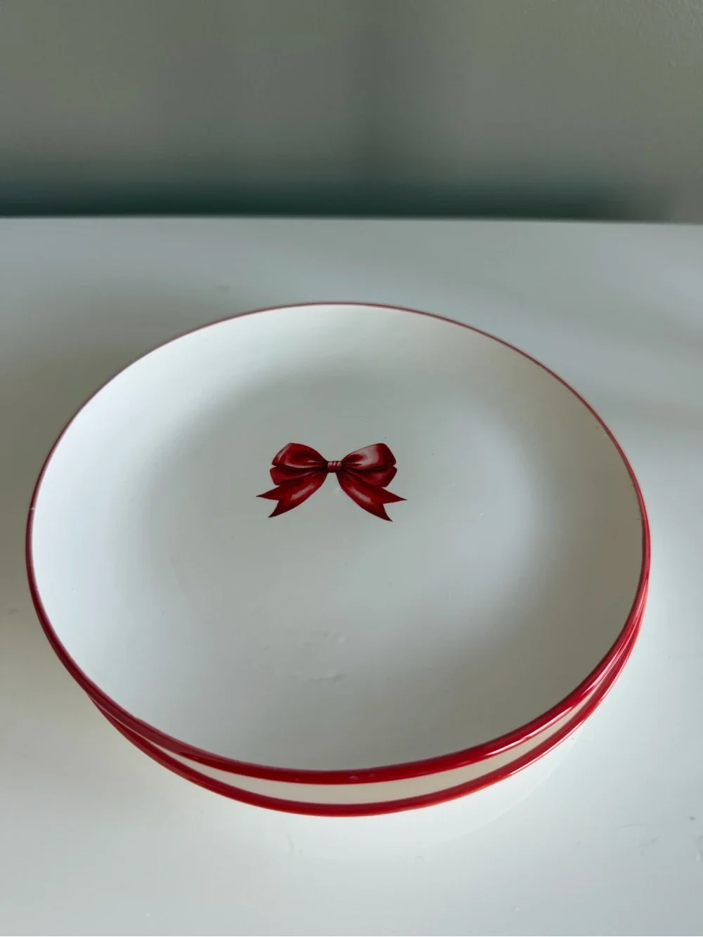 White and Red Decorative Plate with Bow Accent- SET OF 2